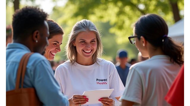 A diverse group of adults at a Power Loom Health-sponsored community health fair booth in Austin, engaging with staff and receiving wellness information.