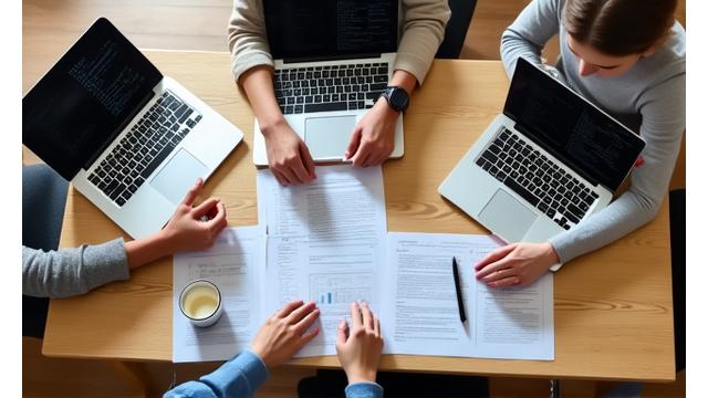 An overhead shot of hands collaborating around a table covered with research papers, laptops, and coffee cups, featuring diverse individuals, implying scientific collaboration in Austin.