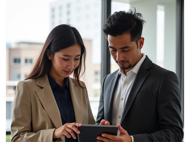 Two founders, Sarah Chen and Marcus Rodriguez, collaborating over a tablet in a modern, sunlit Austin co-working space, demonstrating early product development with a focused and innovative atmosphere.