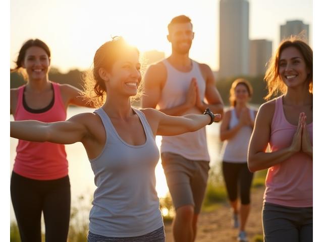 A diverse group of adults 35+ participating in an outdoor yoga session by Lady Bird Lake, led by a Power Loom Health expert. Bright, active, and community-focused atmosphere.