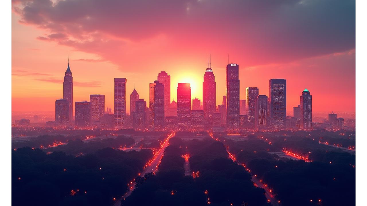 Panoramic view of the Austin skyline at dawn, symbolizing growth and future, integrated with subtle wellness elements like glowing health data or a vibrant energetic ripple.