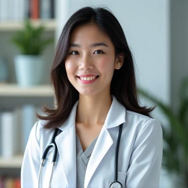 Dr. Sarah Chen, a poised Asian female doctor with a warm smile, wearing professional attire in a modern clinic setting.