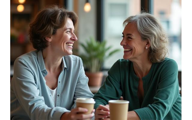 Two diverse individuals in a friendly, supportive interaction, possibly over a cup of coffee, symbolizing trust and open communication in a safe environment.