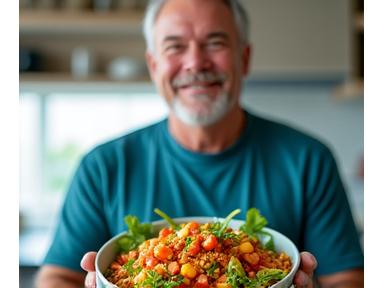 A man, Mike, holding a vibrant, healthy meal, looking pleased and energetic.