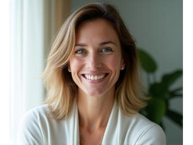 A woman, Sarah, smiling genuinely, looking well-rested and vibrant.