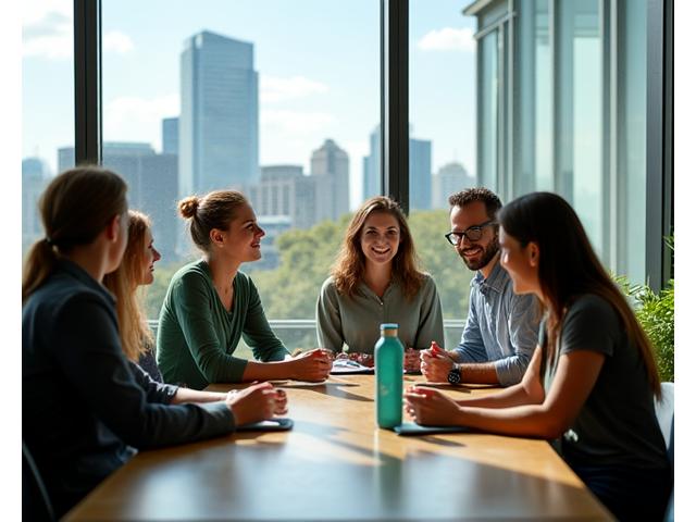 Modern office interior with diverse wellness professionals collaborating happily in Austin, Texas. Natural light fills the space, and subtle branding elements are visible.
