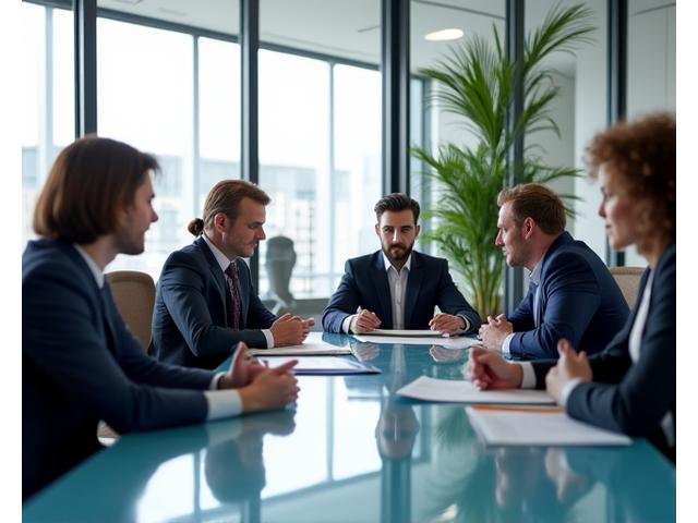 Diverse group of professionals collaborating around a modern meeting table, emphasizing partnership and innovative ideas. Bright, positive atmosphere.