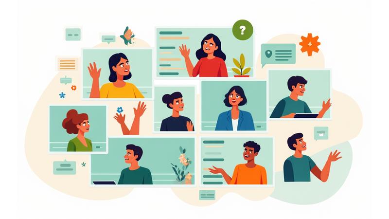 Illustration of diverse people actively participating in an online group discussion, with speech bubbles and engagement icons.
