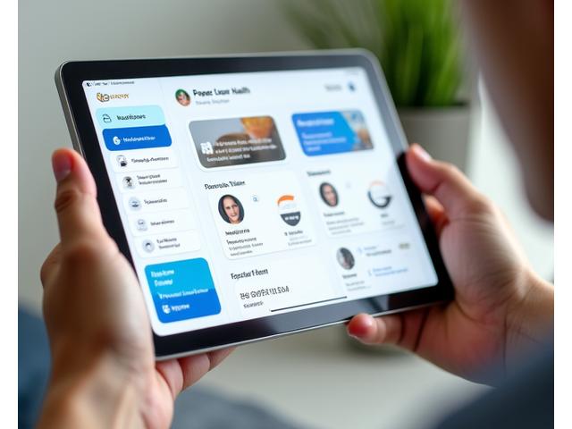 Tablet displaying a Power Loom Health app interface with categories like 'Nutrition', 'Sleep', 'Fitness', and a list of recorded webinars.