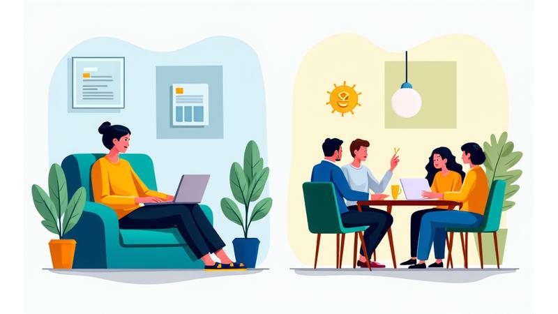 Side-by-side comparison of a person watching a webinar on a laptop and another person participating in a small group discussion, illustrating different learning formats.
