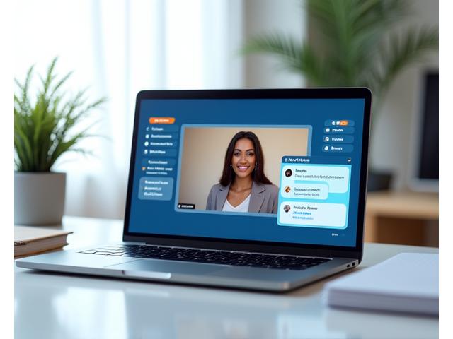 Laptop screen showing an online webinar interface with an expert speaker presenting and participants interacting via chat and Q&A fields.