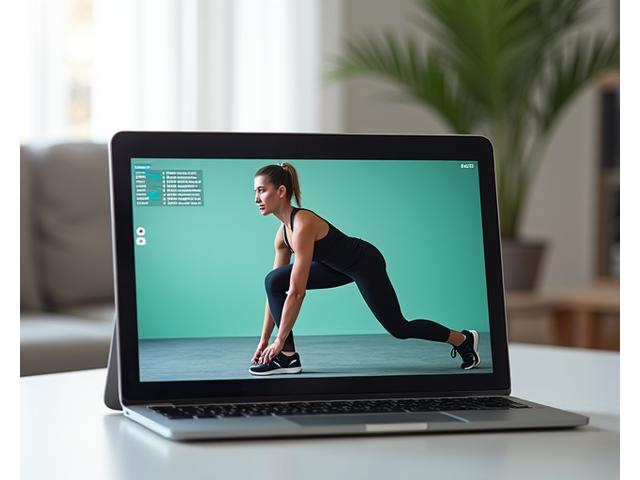 Screenshot of a tablet displaying a video of an instructor demonstrating a functional squat with proper form, showing clear visual cues.