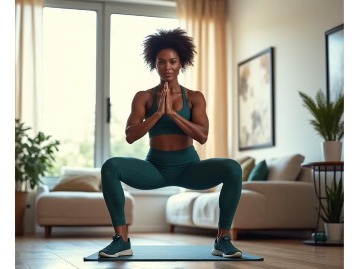Woman in her 40s demonstrating a functional fitness movement in a bright, modern living room.