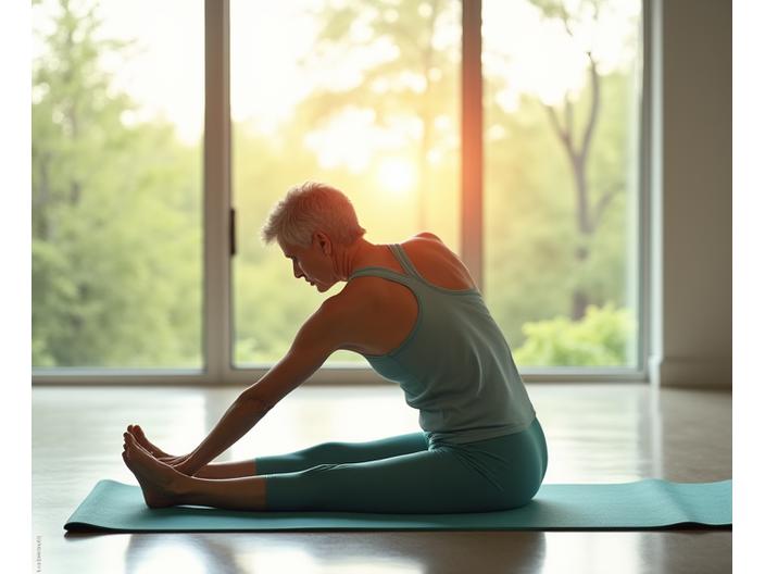 Person stretching gently on a mat, emphasizing hip and shoulder mobility, with natural light from a window.