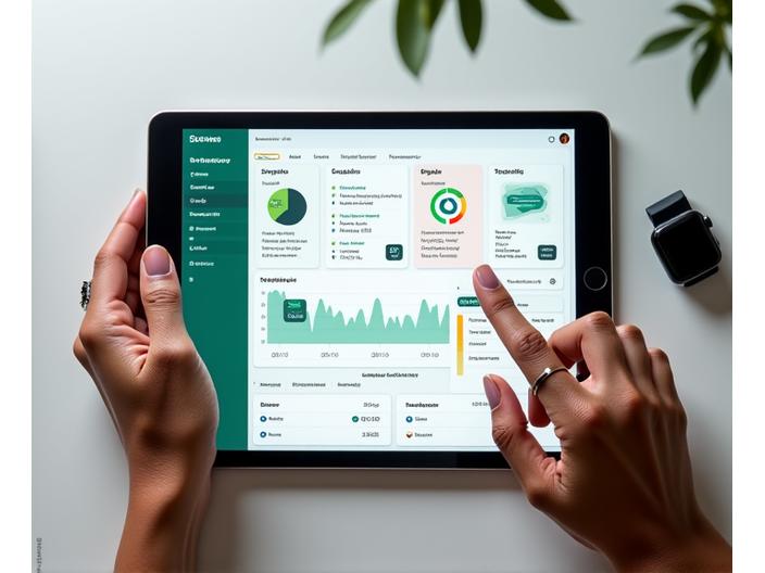 Modern fitness tracking dashboard on a tablet showing exercise logs, progress charts, and community challenges.