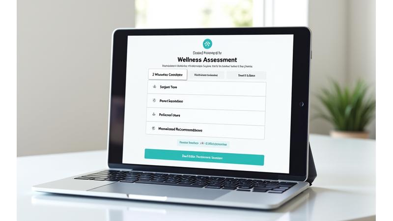 Illustration of a user-friendly digital assessment form with progress bars and interactive elements on a tablet or computer screen.