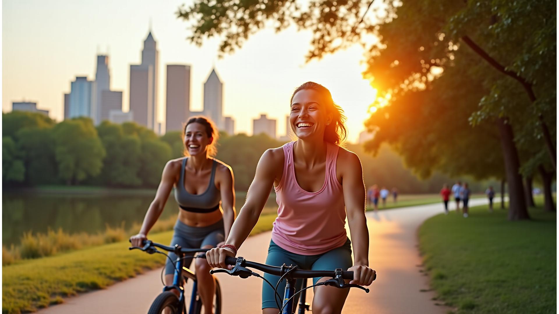 Vibrant, active adults in their late 30s to early 50s enjoying outdoor activities in Austin, like hiking at Zilker Park overlooking the city, cycling by Lady Bird Lake, or practicing outdoor yoga, conveying vitality and diverse wellness. Overlayed with a subtle gradient matching the brand colors.