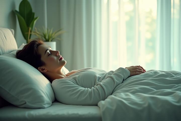 A serene bedroom with natural light, showing an adult getting restful sleep, conveying peace and sleep optimization.