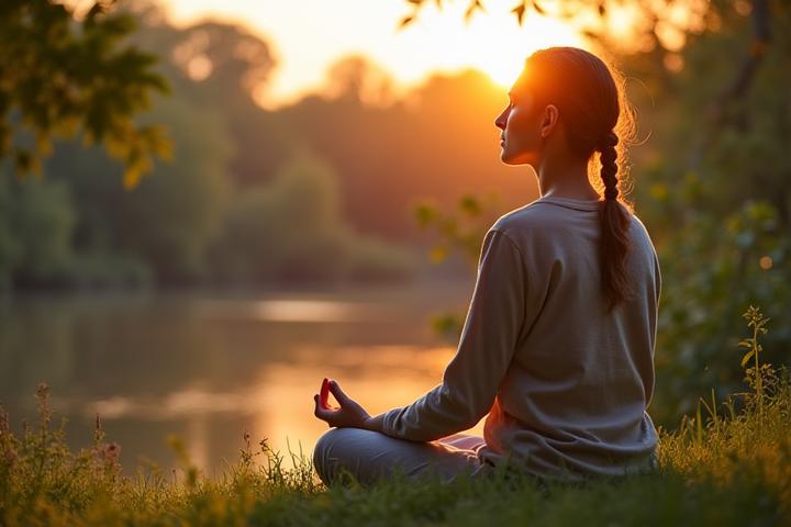 An individual practicing mindfulness or meditation in a tranquil Austin outdoor setting, like a botanical garden, radiating calm and stress reduction.