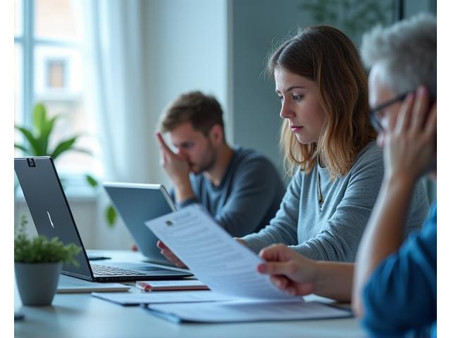 Diverse group of adults 35+ in various scenarios: one in a focused-yet-stressed office setting, another juggling family commitments, and a third looking at finances. Reflects career, family, and financial pressures.