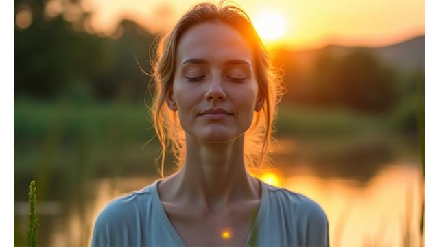 Person meditating in a calm, natural setting, representing mindfulness and meditation practices.