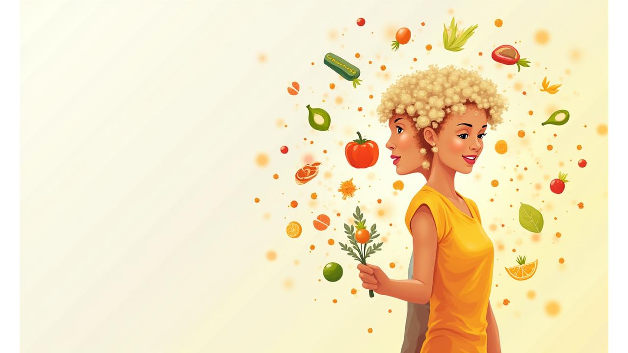 Illustration of a person\'s body transforming from their 20s to 40s, showing glowing health and energy, surrounded by colorful and balanced food icons.