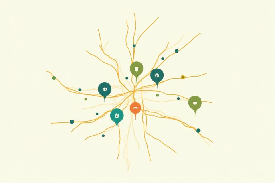 Stylized map of Austin, Texas, with icons highlighting farmer's markets, healthy restaurants, and health food stores. Emphasizing fresh, local food sources.