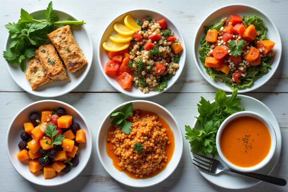 A diverse spread of delicious, healthy, and colorful meals arranged beautifully on a modern kitchen counter. Includes breakfast, lunch, and dinner options with clear portioning, suggesting ease of preparation and variety.