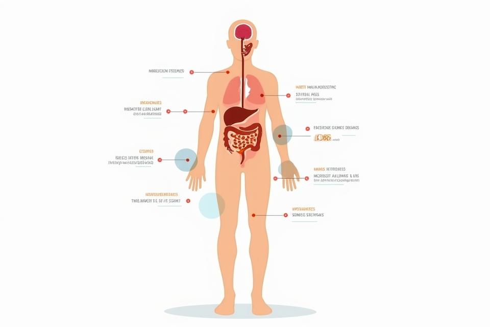Educational infographic displaying a human silhouette with highlighted areas (brain, gut, bones, muscles) and text describing metabolic changes and corresponding nutritional solutions for adults over 35.