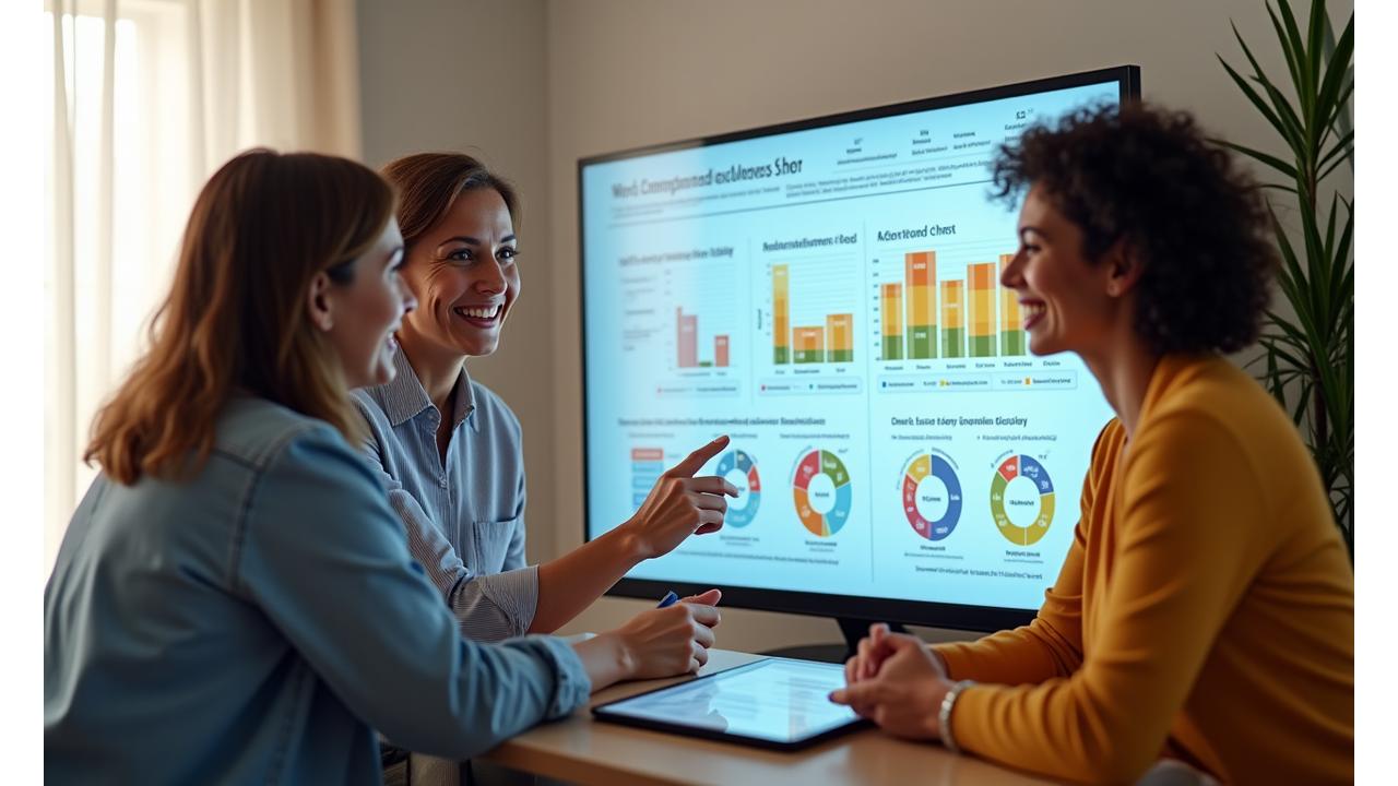 A diverse group of adults (35+) looking engaged and determined, interacting with a digital interface that displays personalized health metrics and dietary recommendations. Represents empowerment through data.