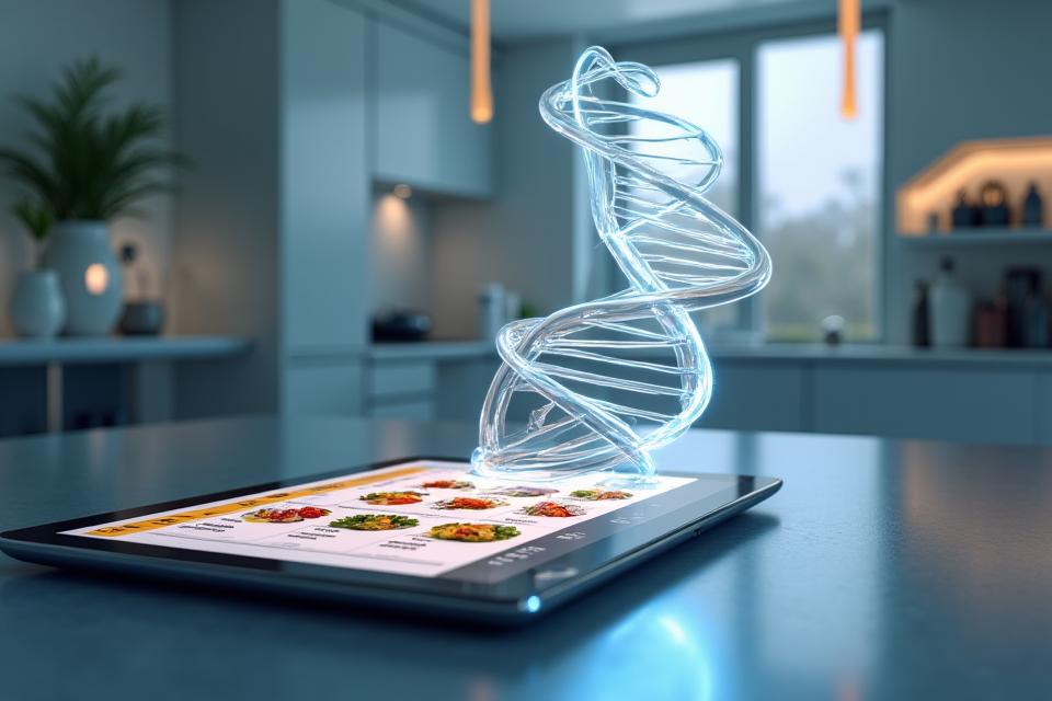 Illustration of a stylized DNA double helix transitioning into a personalized meal plan on a tablet screen, symbolizing genetic data driving dietary recommendations.