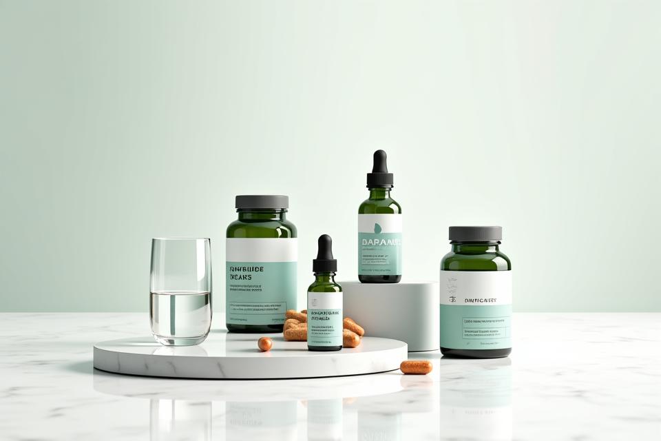 An array of high-quality, clearly labeled supplement bottles and capsules on a clean, modern surface, implying scientific rigor and careful selection. Focus on natural ingredients and elegant branding.