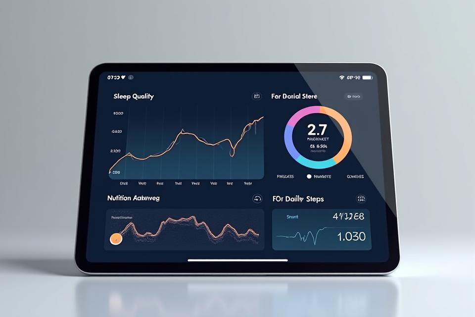 A sleek digital dashboard displaying various health metrics like sleep, activity, and nutrition with progress graphs