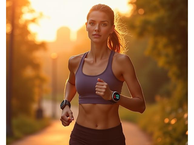 Photo of a woman, aged 30s, exercising outdoors with a smartwatch showing optimized heart rate zones, depicting high energy and determination.